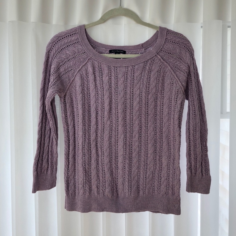 Lavender cable knit sweater with 3/4 sleeves